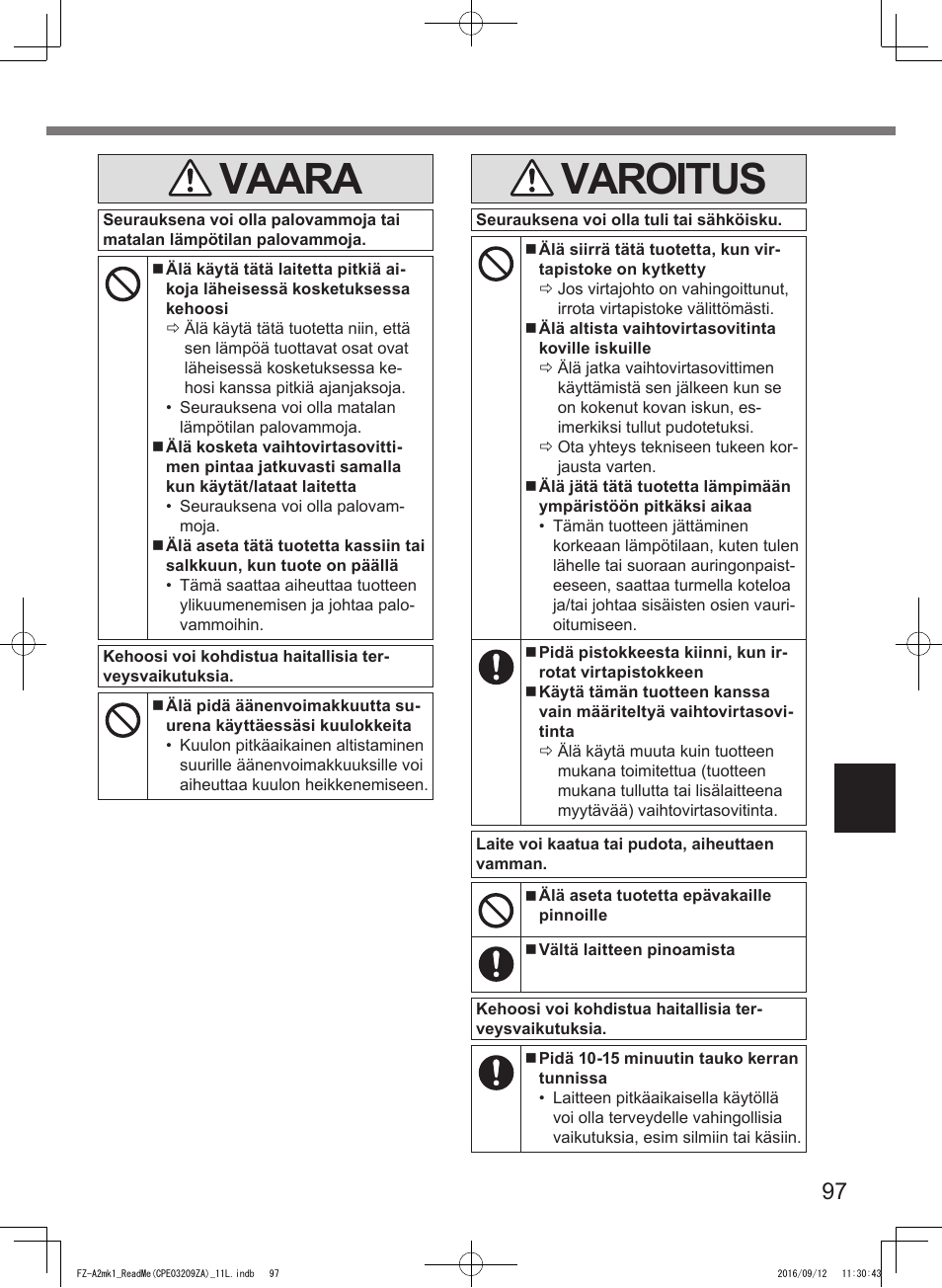 Vaara, Varoitus | Panasonic Toughpad FZ-A2 User Manual | Page 97 / 172