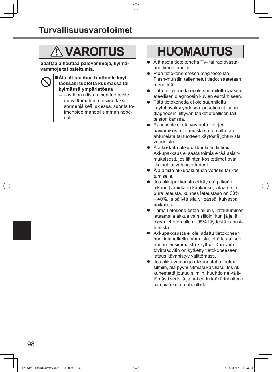 Varoitus, Huomautus, Turvallisuusvarotoimet | Panasonic Toughpad FZ-A2 User Manual | Page 98 / 172