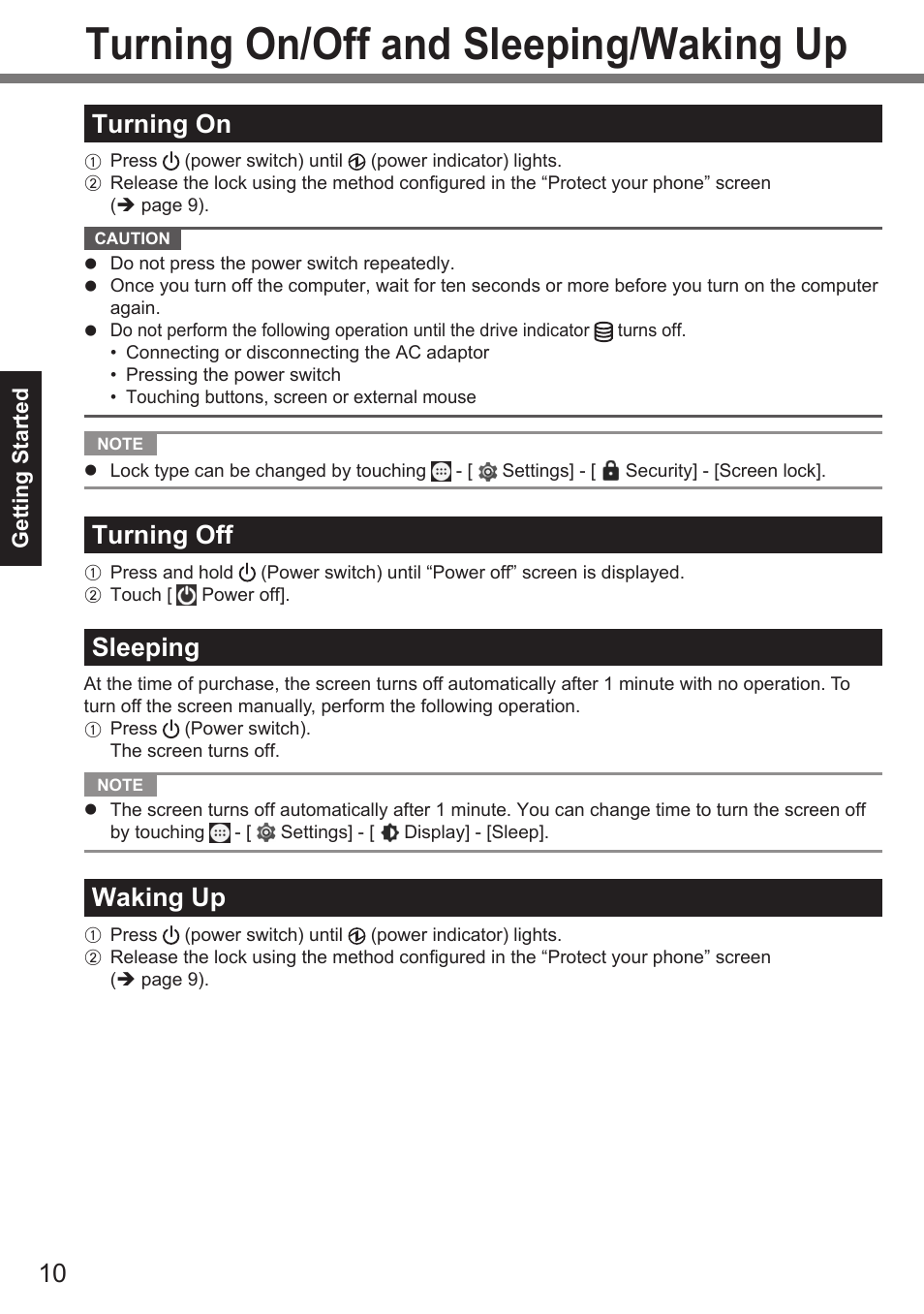 Turning on/off and sleeping/waking up, Turning on, Turning off | Sleeping, Waking up | Panasonic Toughpad FZ-A2 User Manual | Page 10 / 39