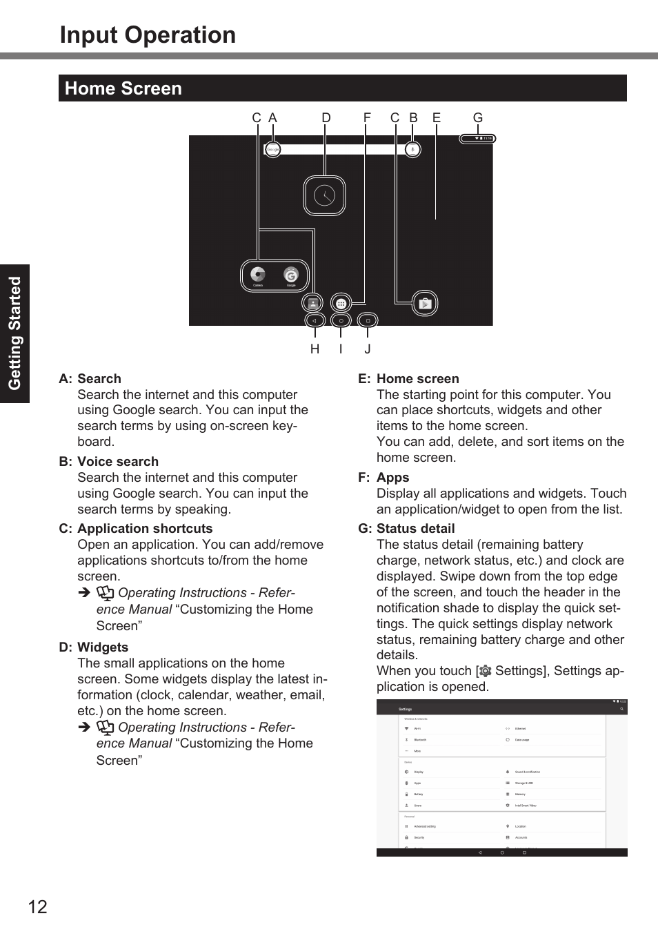 Input operation, Home screen | Panasonic Toughpad FZ-A2 User Manual | Page 12 / 39