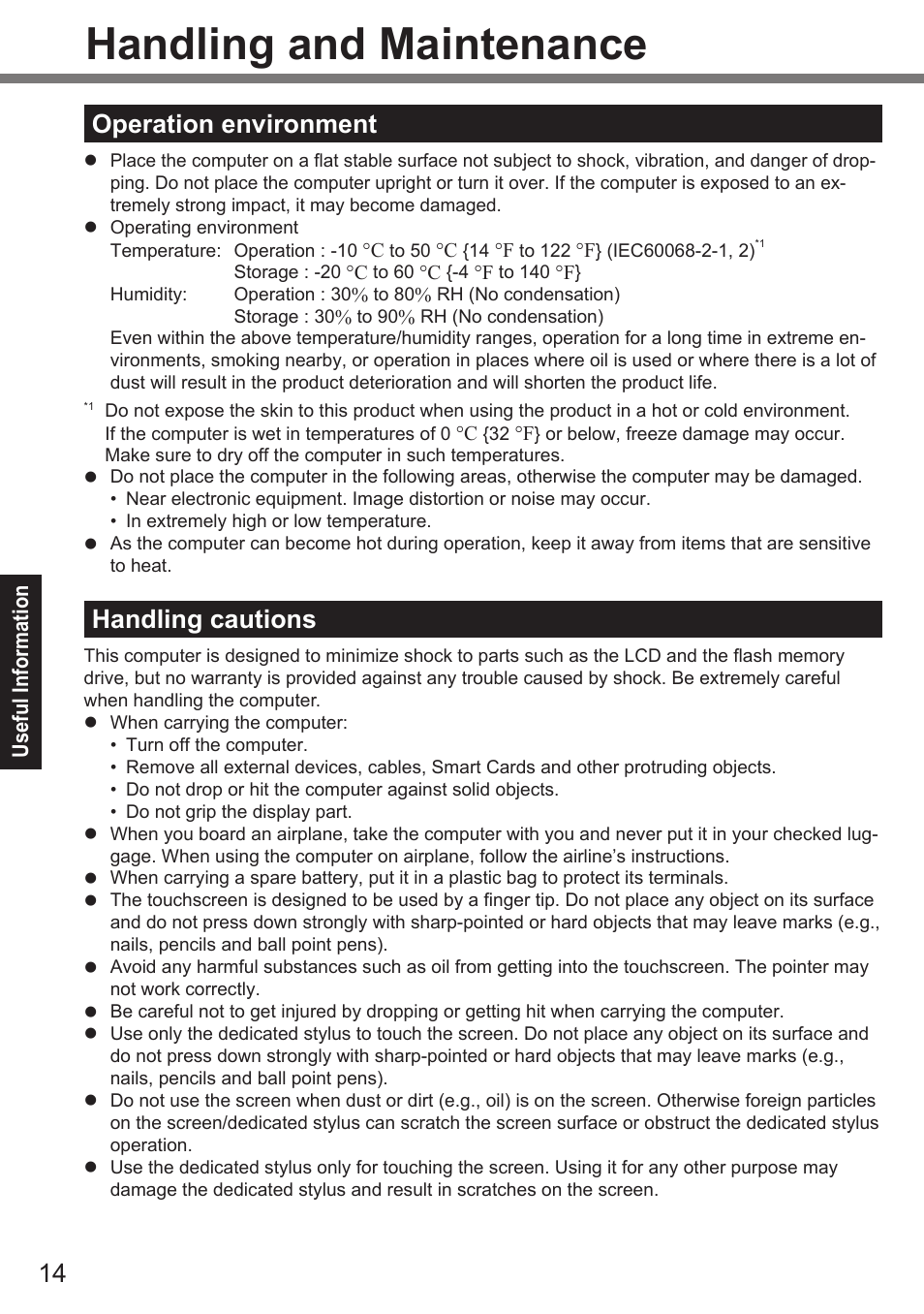 Handling and maintenance, Operation environment, Handling cautions | Panasonic Toughpad FZ-A2 User Manual | Page 14 / 39