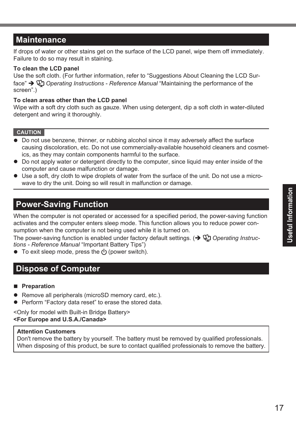 Maintenance, Power-saving function, Dispose of computer | Panasonic Toughpad FZ-A2 User Manual | Page 17 / 39