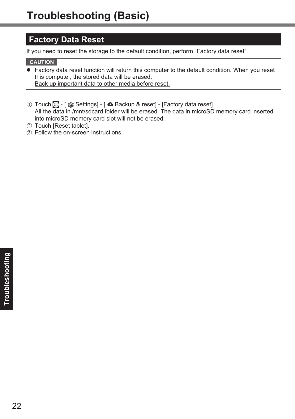 Troubleshooting (basic), Factory data reset | Panasonic Toughpad FZ-A2 User Manual | Page 22 / 39