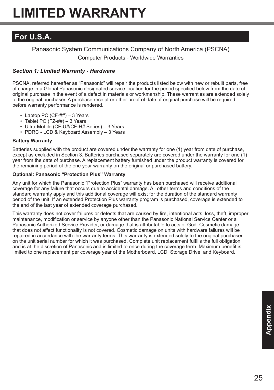 Limited warranty, For u.s.a | Panasonic Toughpad FZ-A2 User Manual | Page 25 / 39