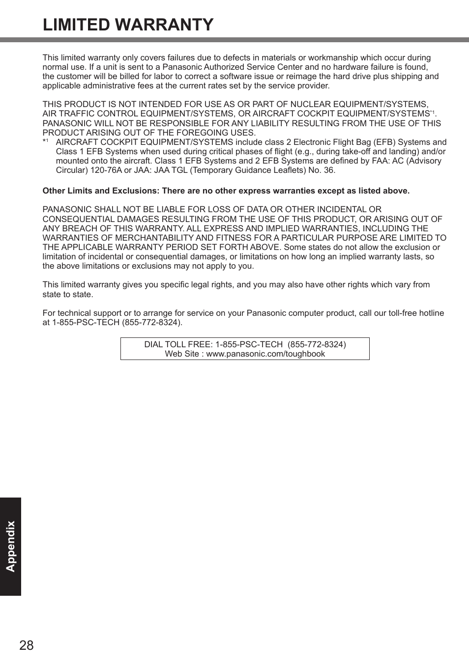 Limited warranty, Appendix | Panasonic Toughpad FZ-A2 User Manual | Page 28 / 39