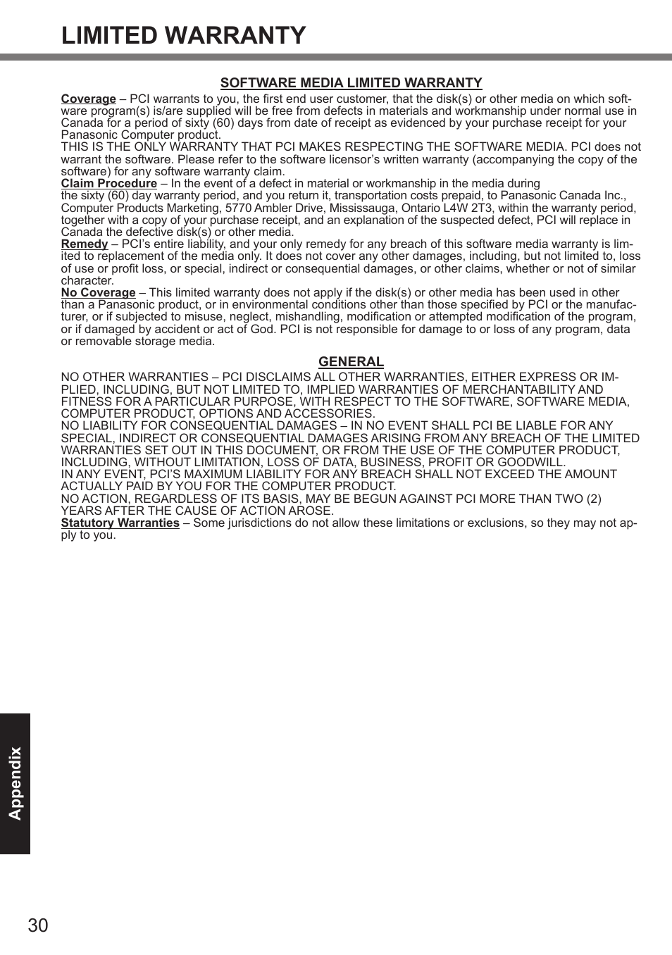 Limited warranty, Appendix | Panasonic Toughpad FZ-A2 User Manual | Page 30 / 39