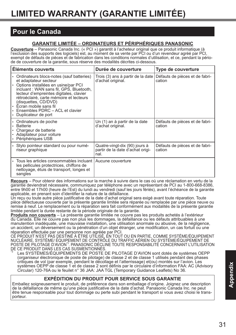 Limited warranty (garantie limitée), Pour le canada, Appendix | Panasonic Toughpad FZ-A2 User Manual | Page 31 / 39