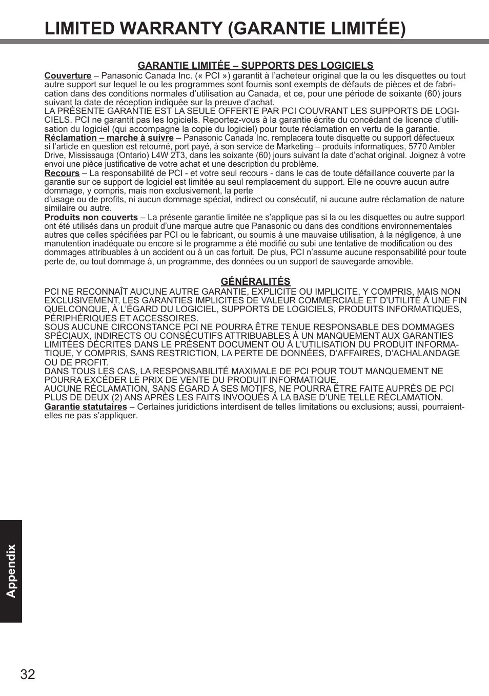 Limited warranty (garantie limitée), Appendix | Panasonic Toughpad FZ-A2 User Manual | Page 32 / 39