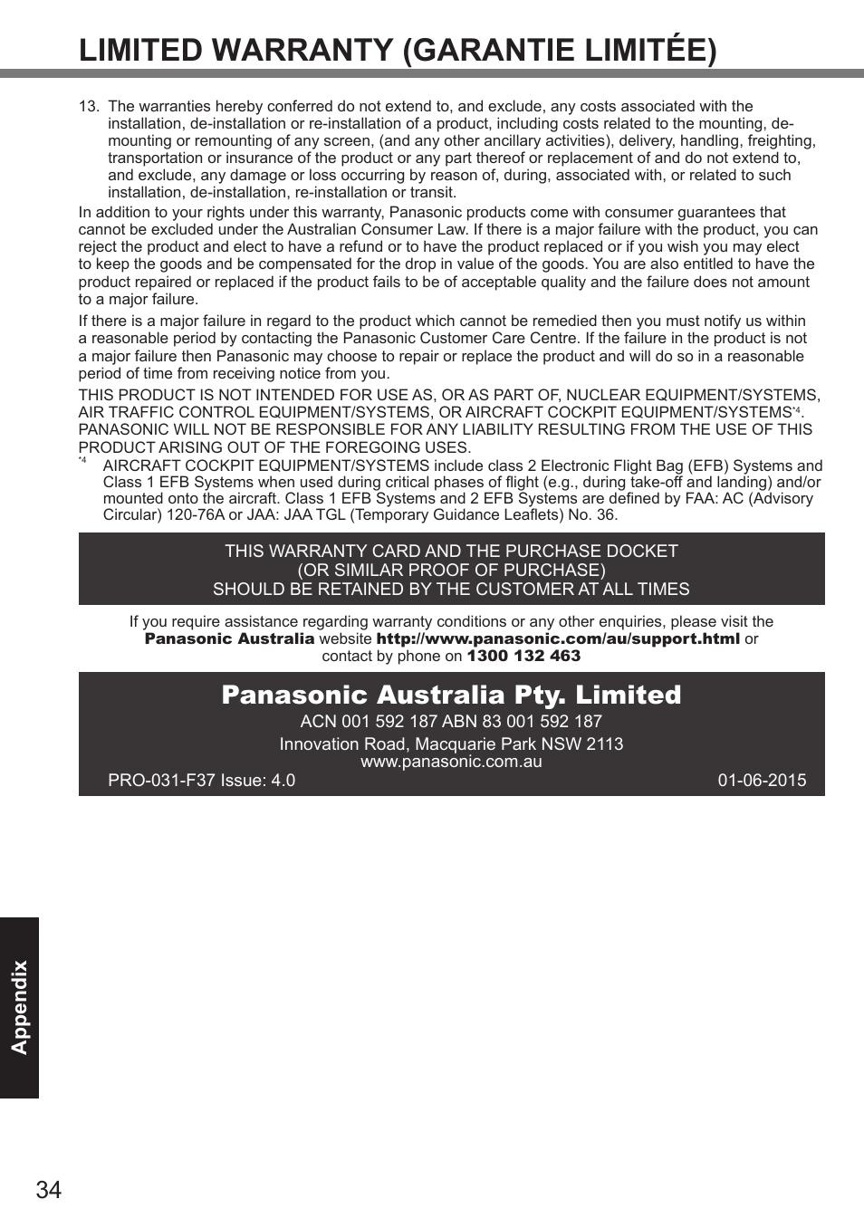 Limited warranty (garantie limitée), Panasonic australia pty. limited, Appendix | Panasonic Toughpad FZ-A2 User Manual | Page 34 / 39