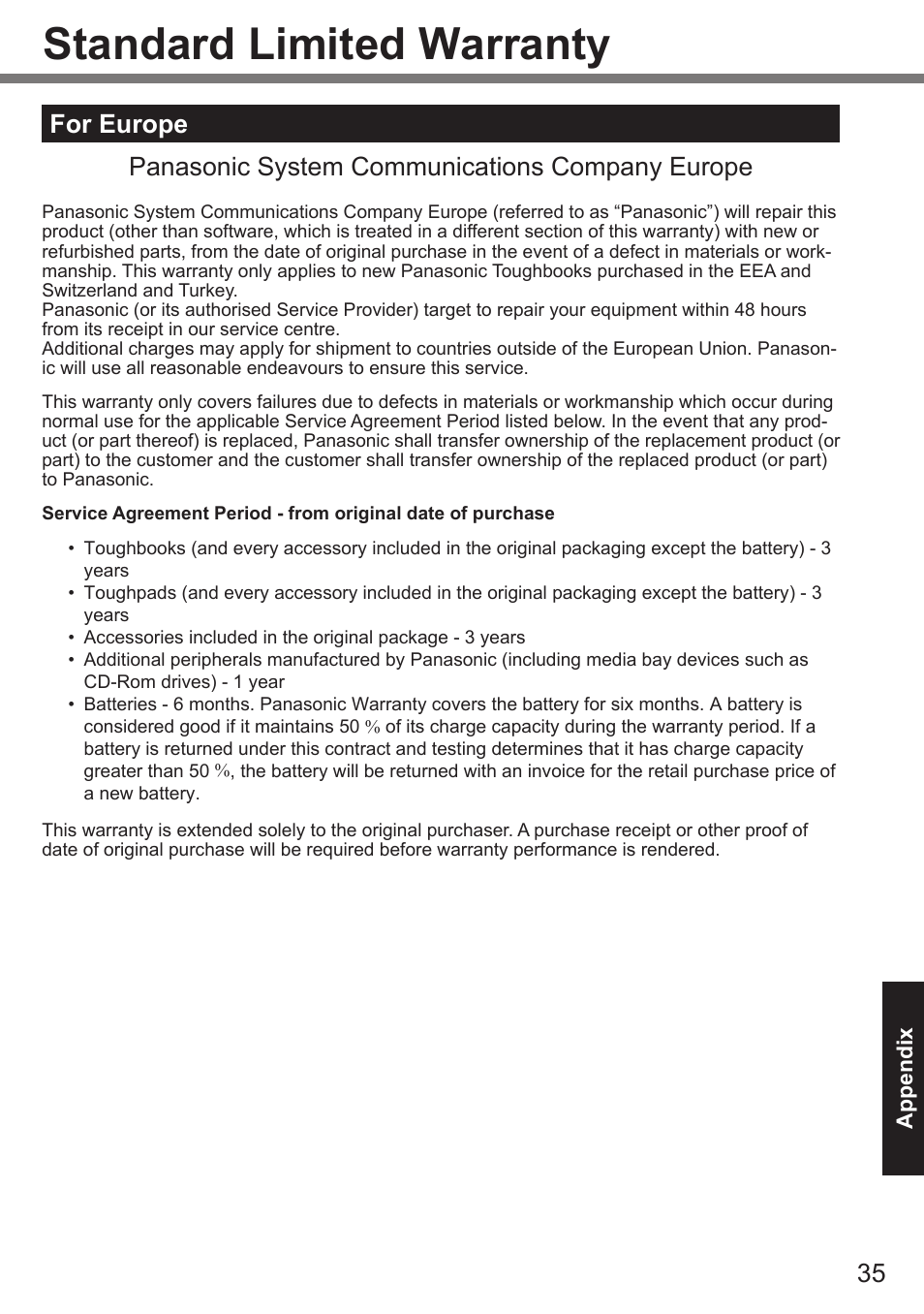 Standard limited warranty | Panasonic Toughpad FZ-A2 User Manual | Page 35 / 39