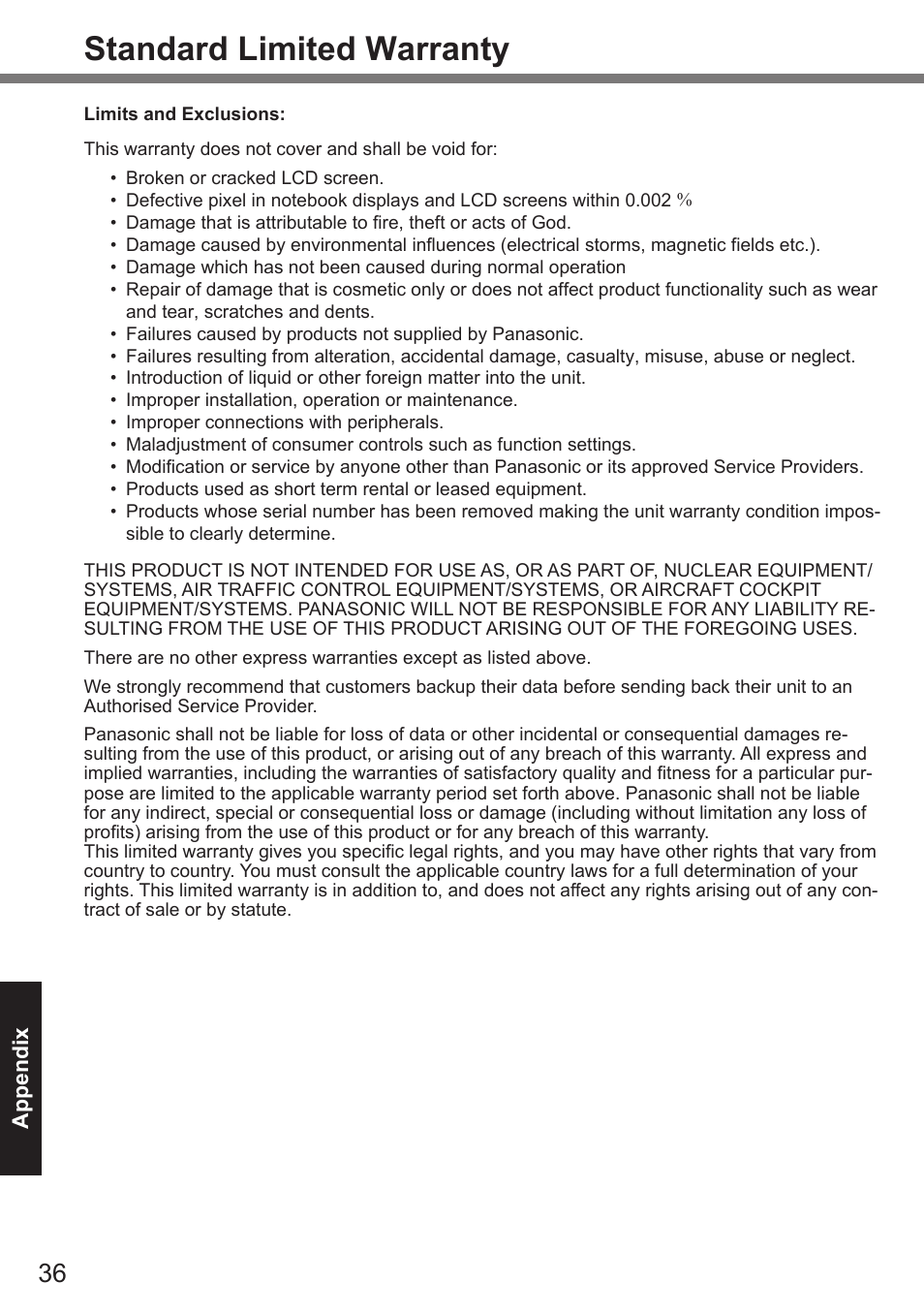 Standard limited warranty | Panasonic Toughpad FZ-A2 User Manual | Page 36 / 39