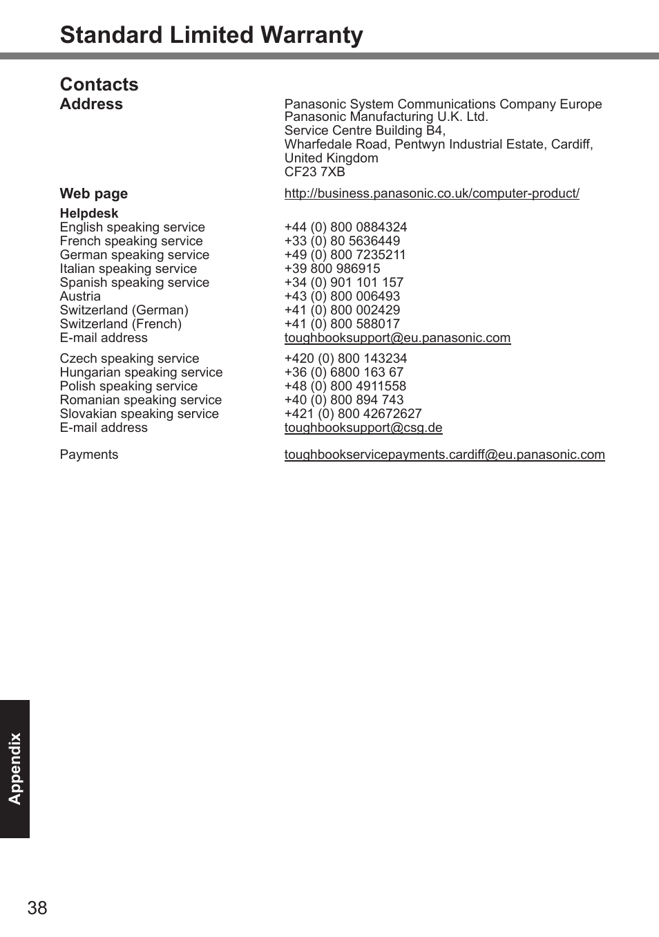 Standard limited warranty, Contacts | Panasonic Toughpad FZ-A2 User Manual | Page 38 / 39