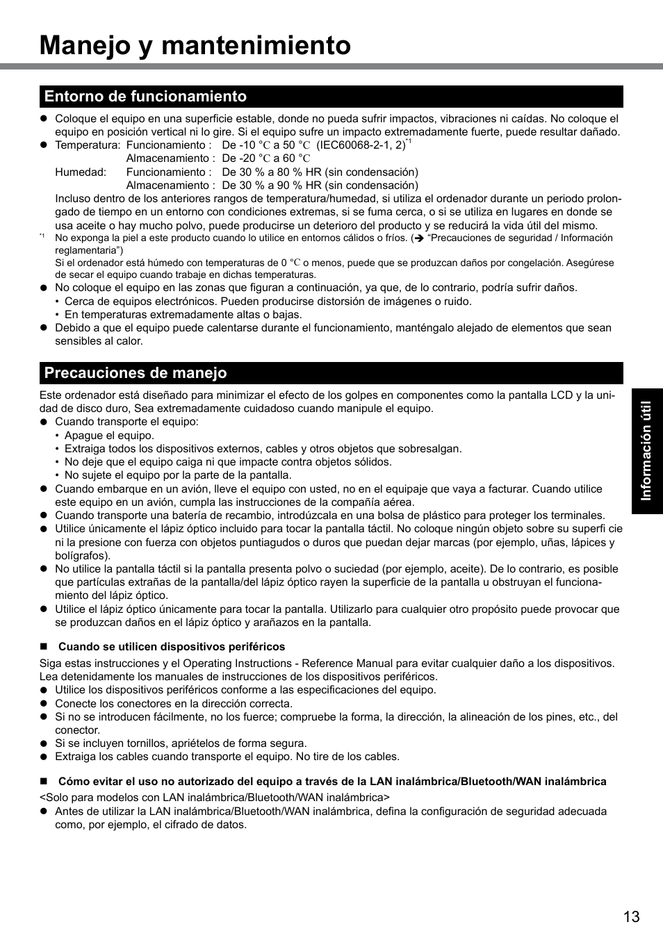 Manejo y mantenimiento, Entorno de funcionamiento, Precauciones de manejo | Panasonic Toughbook CF-D1 User Manual | Page 13 / 31