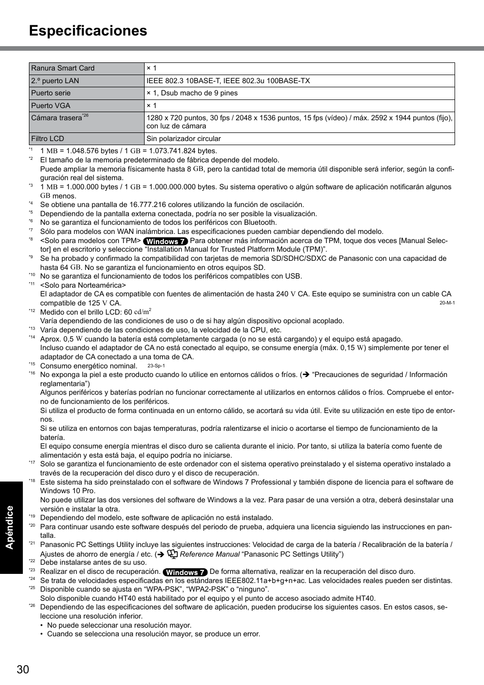 Especificaciones, Apéndice | Panasonic Toughbook CF-D1 User Manual | Page 30 / 31