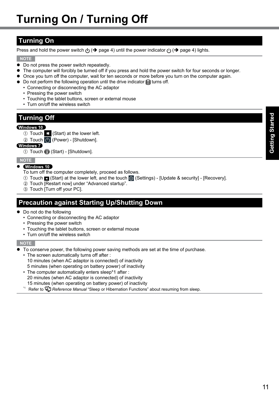 Turning on / turning off, Turning on, Turning off | Precaution against starting up/shutting down | Panasonic Toughbook CF-D1 User Manual | Page 11 / 27
