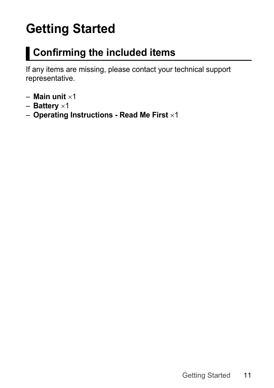 Getting started, Confirming the included items | Panasonic Toughpad FZ-F1 User Manual | Page 11 / 56