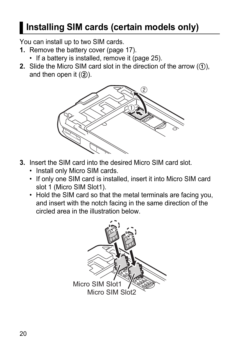 Installing sim cards (certain models only) | Panasonic Toughpad FZ-F1 User Manual | Page 20 / 56