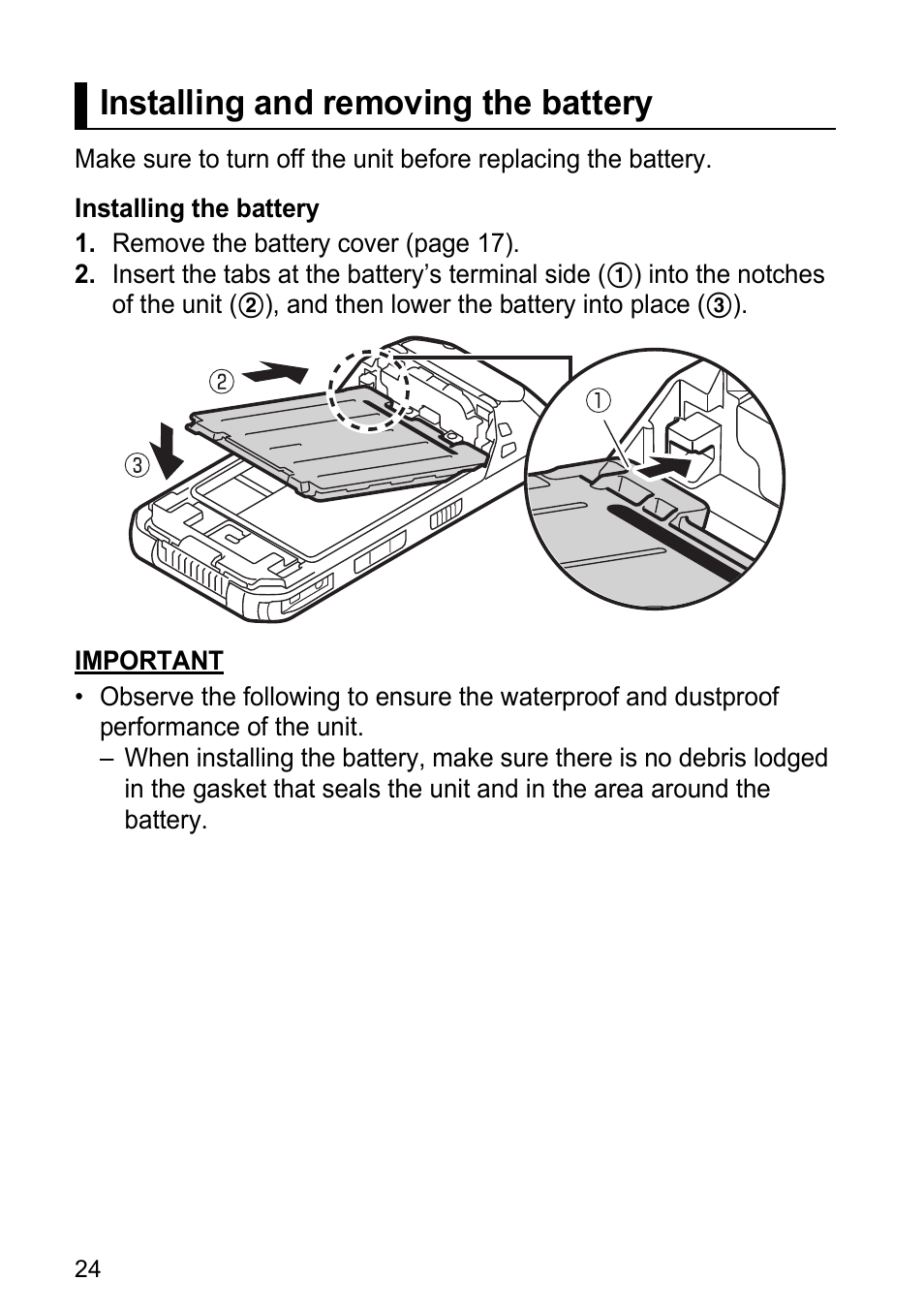 Installing and removing the battery | Panasonic Toughpad FZ-F1 User Manual | Page 24 / 56