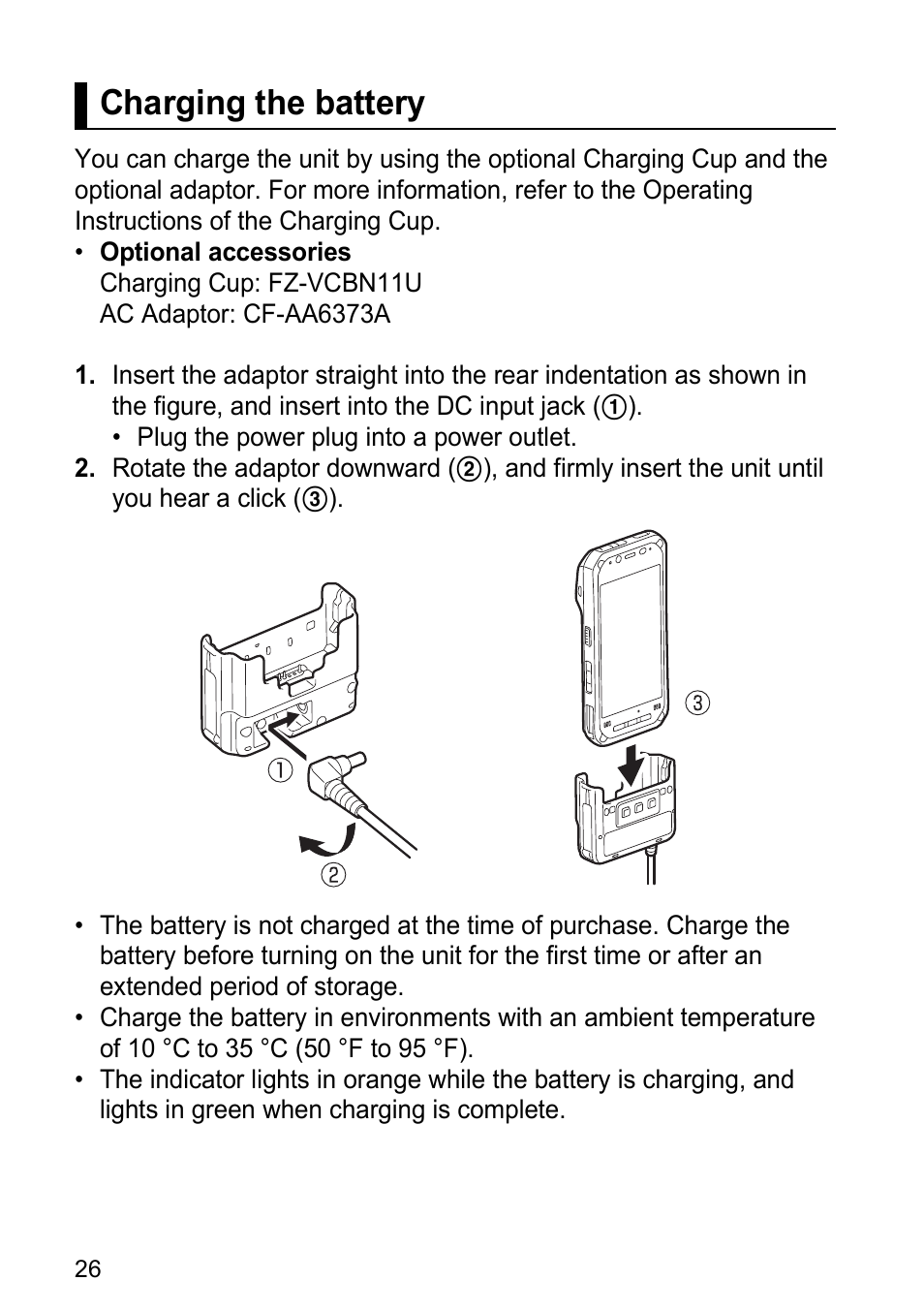 Charging the battery | Panasonic Toughpad FZ-F1 User Manual | Page 26 / 56
