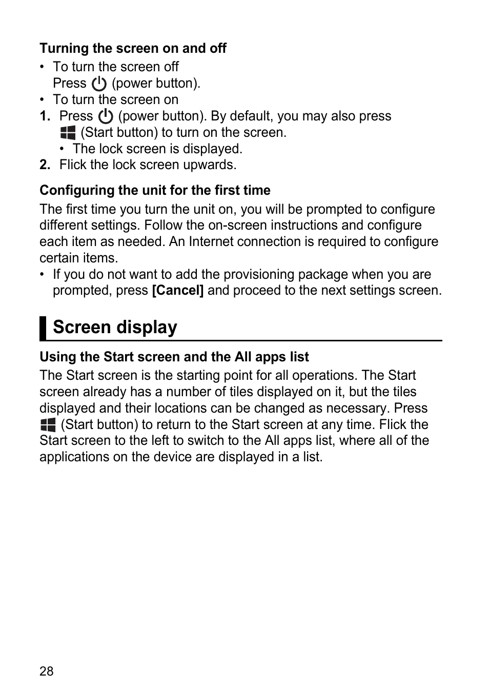 Screen display | Panasonic Toughpad FZ-F1 User Manual | Page 28 / 56