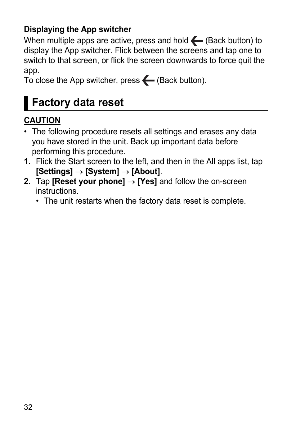 Factory data reset | Panasonic Toughpad FZ-F1 User Manual | Page 32 / 56