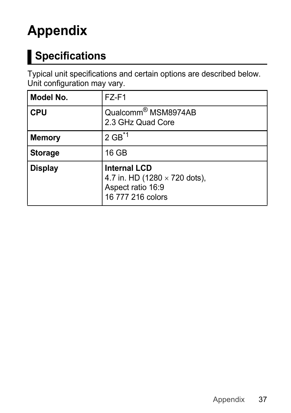 Appendix, Specifications | Panasonic Toughpad FZ-F1 User Manual | Page 37 / 56