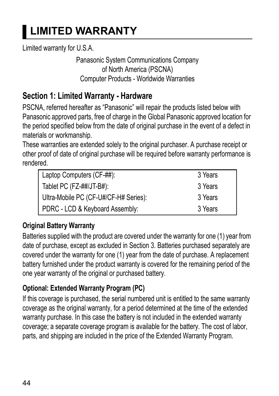 Limited warranty | Panasonic Toughpad FZ-F1 User Manual | Page 44 / 56