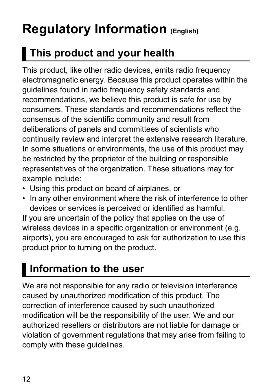 Regulatory information (english), This product and your health, Information to the user | Regulatory information | Panasonic Toughpad FZ-F1 User Manual | Page 12 / 28