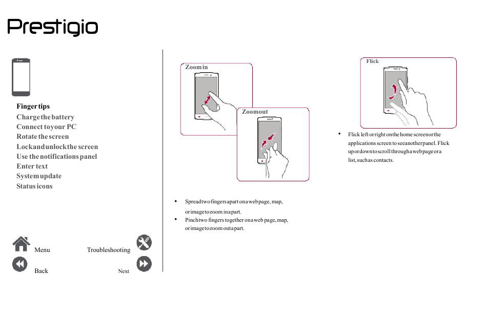 Finger, Tips, Charge | Battery, Connect, Your, Rotate, Screen, Lock, Unlock | PRESTIGIO Grace Z5  PSP5530 User Manual | Page 10 / 39