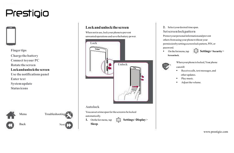 Lock, Unlock, Screen | Finger, Tips, Charge, Battery, Connect, Your, Rotate | PRESTIGIO Grace Z5  PSP5530 User Manual | Page 13 / 39