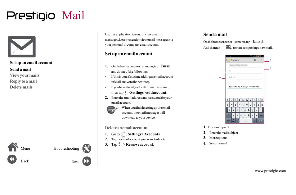 Mail, Send, Email | Account, View, Your, Mails, Reply, Delete | PRESTIGIO Grace Z5  PSP5530 User Manual | Page 21 / 39