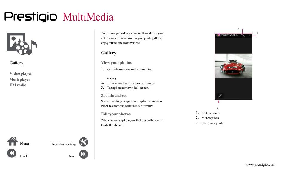 Multimedia, Gallery, View | Your, Photos, Video, Player, Radio, Edit | PRESTIGIO Grace Z5  PSP5530 User Manual | Page 25 / 39