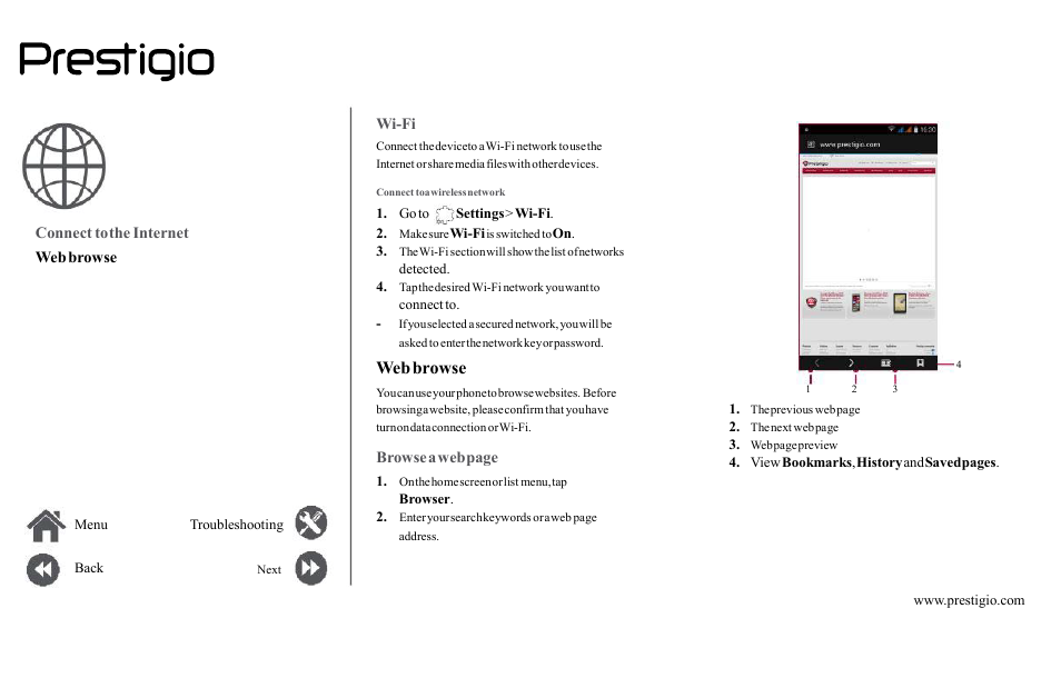 Connect, Internet, Browse | Wi-fi, Page | PRESTIGIO Grace Z5  PSP5530 User Manual | Page 29 / 39