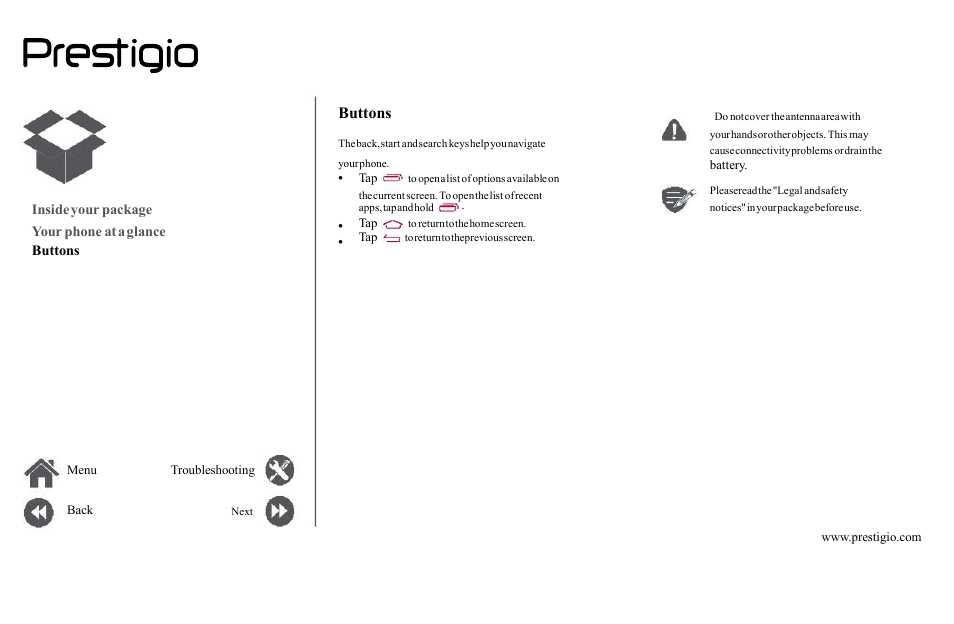 Inside, Your, Package | Phone, Glance, Buttons | PRESTIGIO Grace Z5  PSP5530 User Manual | Page 3 / 39