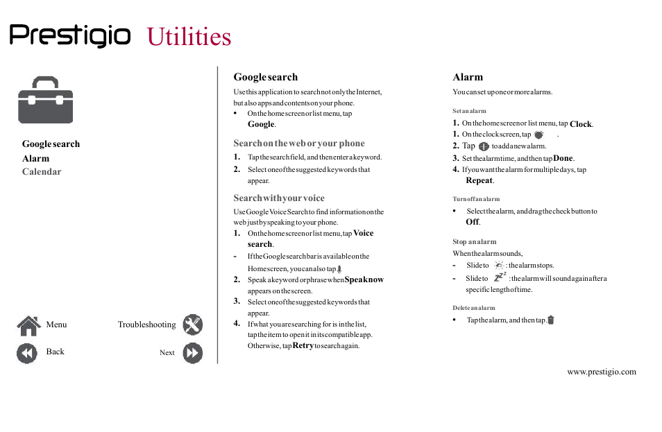 Utilities, Google, Search | Alarm, Calendar, Your, Phone, With, Voice | PRESTIGIO Grace Z5  PSP5530 User Manual | Page 35 / 39