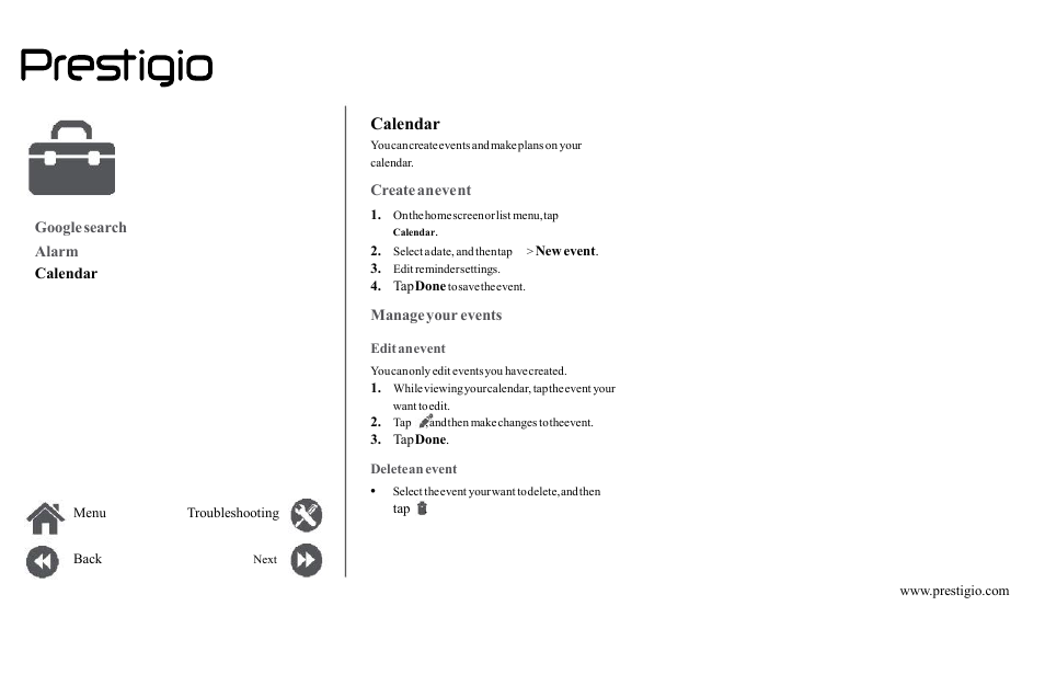 Google, Search, Alarm | Calendar, Create, Manage, Your, Events | PRESTIGIO Grace Z5  PSP5530 User Manual | Page 36 / 39