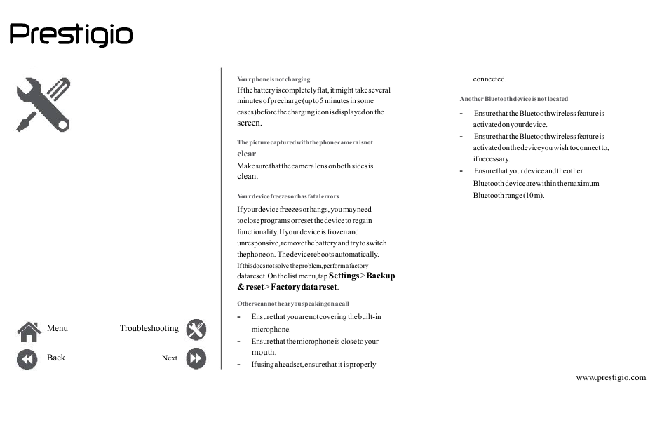 Menu, Back, Troubleshooting | Screen, Clear, Clean, Settings, Backup, Reset, Factory | PRESTIGIO Grace Z5  PSP5530 User Manual | Page 39 / 39