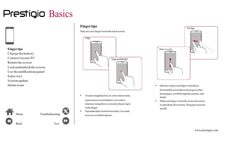 Basics, Finger, Tips | Charge, Battery, Connect, Your, Rotate, Screen, Lock | PRESTIGIO Grace Z5  PSP5530 User Manual | Page 9 / 39