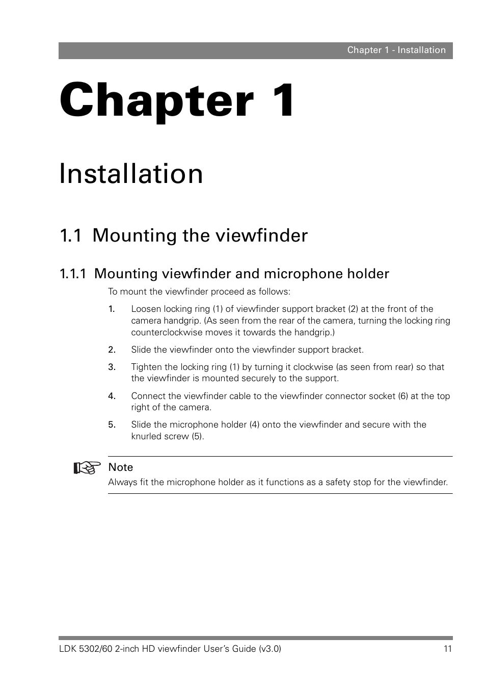 Installation, 1 mounting the viewfinder, 1 mounting viewfinder and microphone holder | Chapter 1 | Grass Valley LDK 5302 User Manual | Page 11 / 24