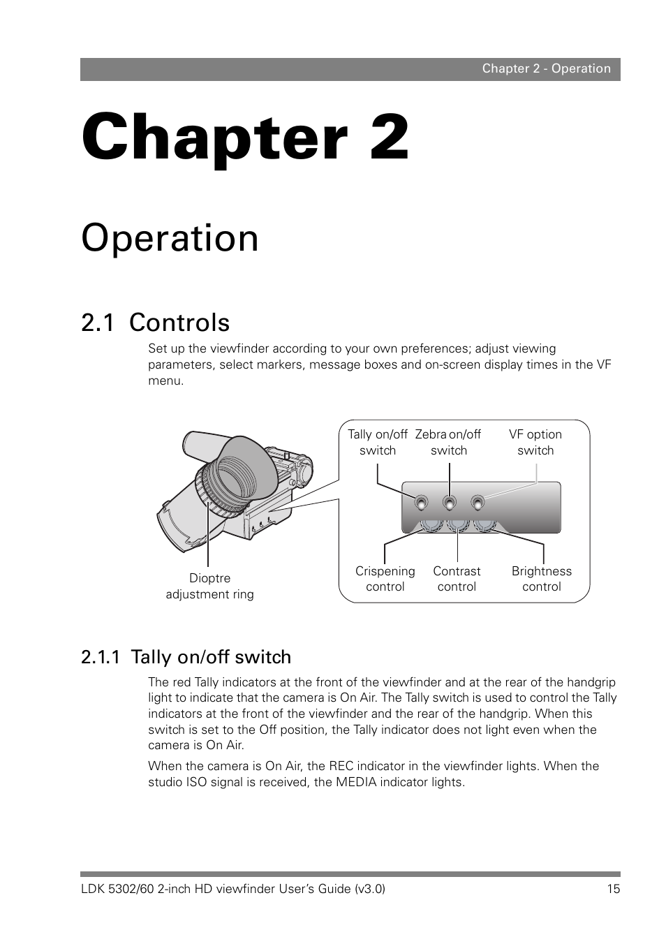 Operation, 1 controls, 1 tally on/off switch | Chapter 2 | Grass Valley LDK 5302 User Manual | Page 15 / 24