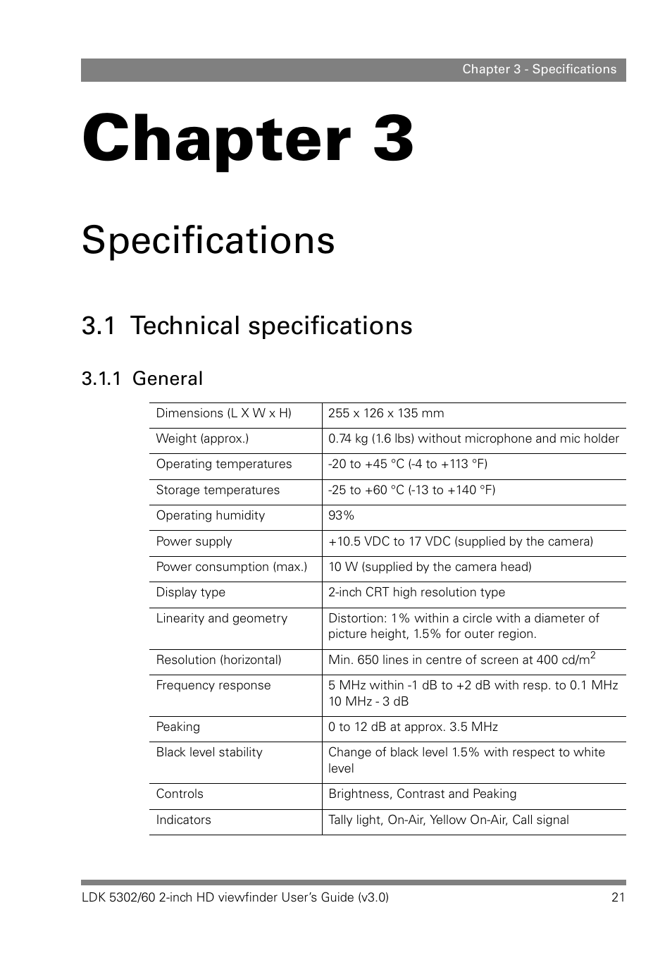 Specifications, 1 technical specifications, 1 general | Chapter 3 | Grass Valley LDK 5302 User Manual | Page 21 / 24
