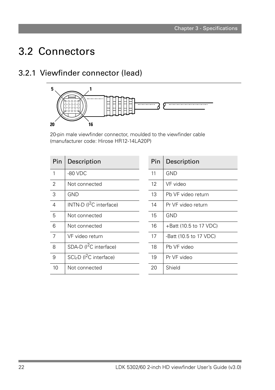 2 connectors, 1 viewfinder connector (lead) | Grass Valley LDK 5302 User Manual | Page 22 / 24