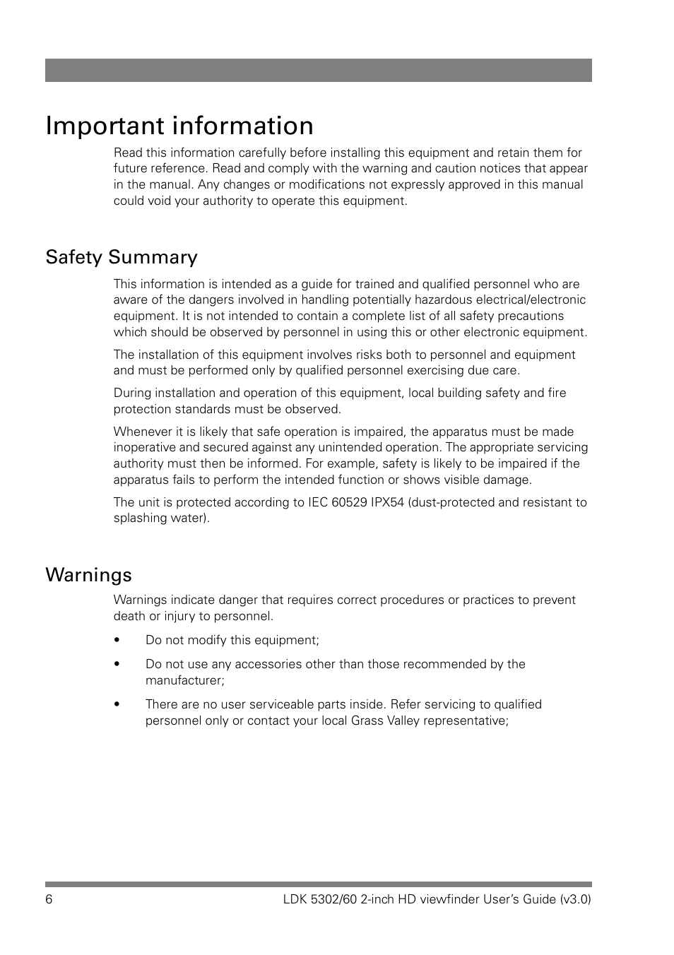 Important information, Safety summary, Warnings | Grass Valley LDK 5302 User Manual | Page 6 / 24