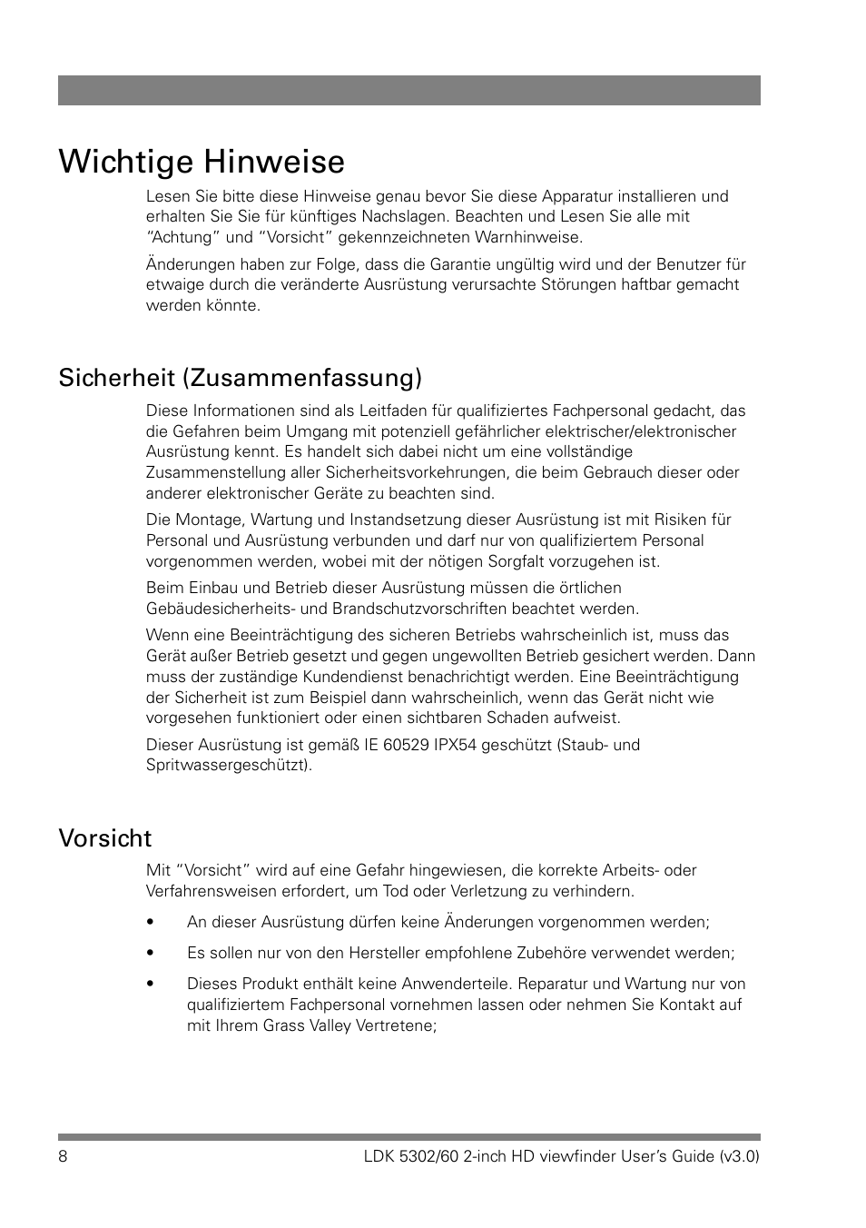 Wichtige hinweise, Sicherheit (zusammenfassung), Vorsicht | Grass Valley LDK 5302 User Manual | Page 8 / 24