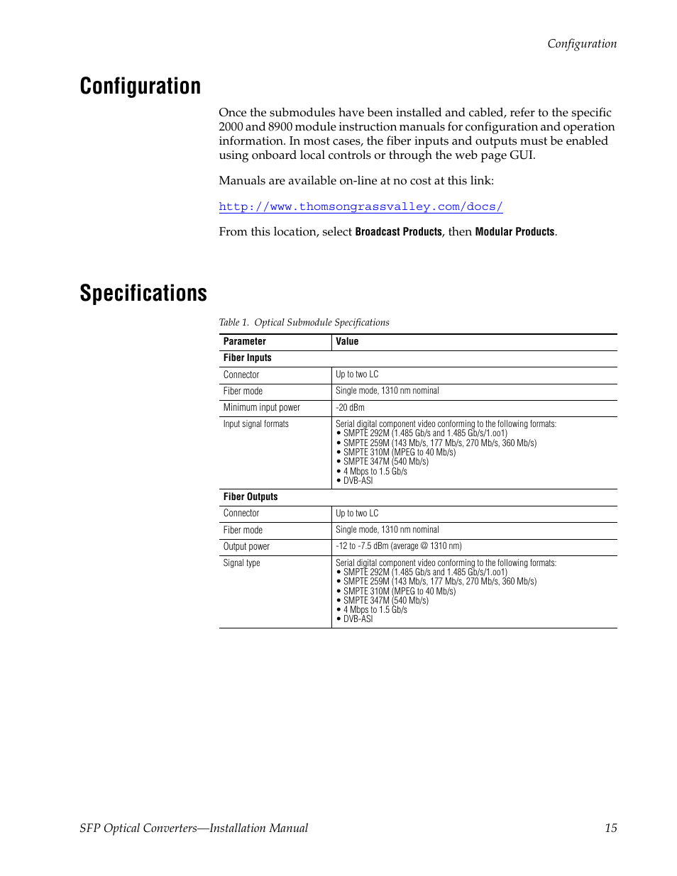 Configuration, Specifications | Grass Valley SFP Optical Converters User Manual | Page 15 / 18