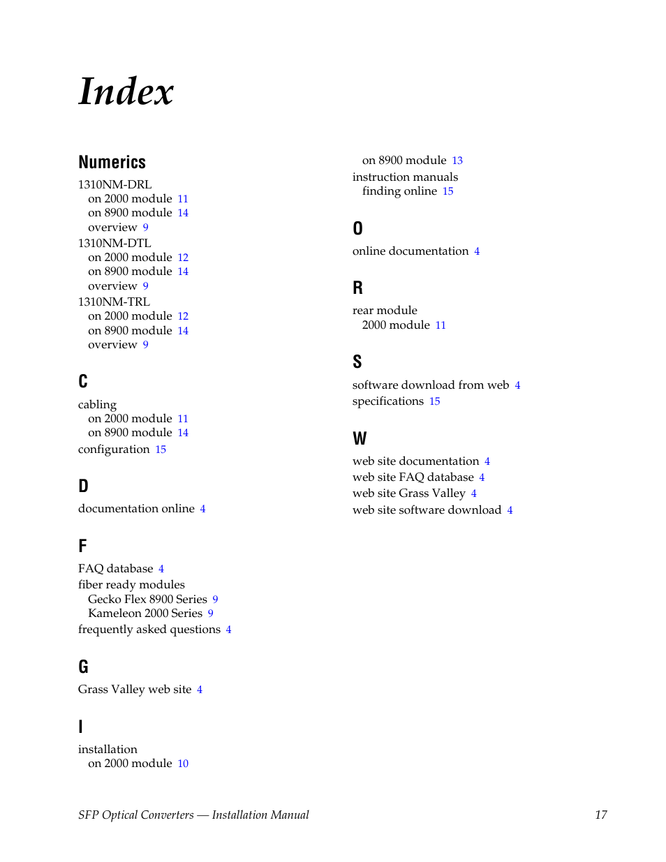 Index, Numerics | Grass Valley SFP Optical Converters User Manual | Page 17 / 18