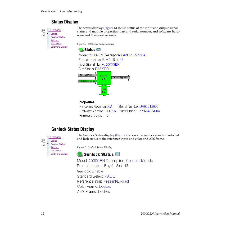 Status display, Genlock status display | Grass Valley 2000GEN User Manual | Page 12 / 22