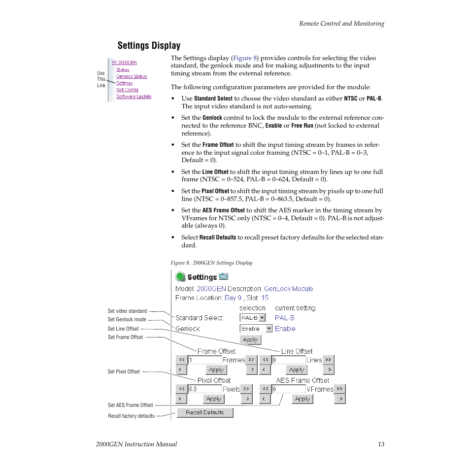 Settings display | Grass Valley 2000GEN User Manual | Page 13 / 22