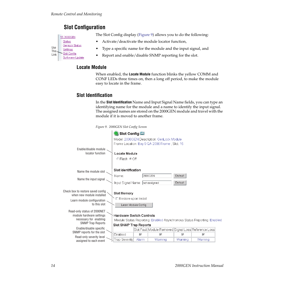 Slot configuration, Locate module, Slot identification | Grass Valley 2000GEN User Manual | Page 14 / 22