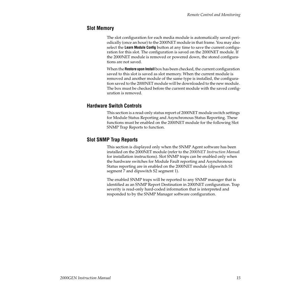 Slot memory, Hardware switch controls, Slot snmp trap reports | Grass Valley 2000GEN User Manual | Page 15 / 22